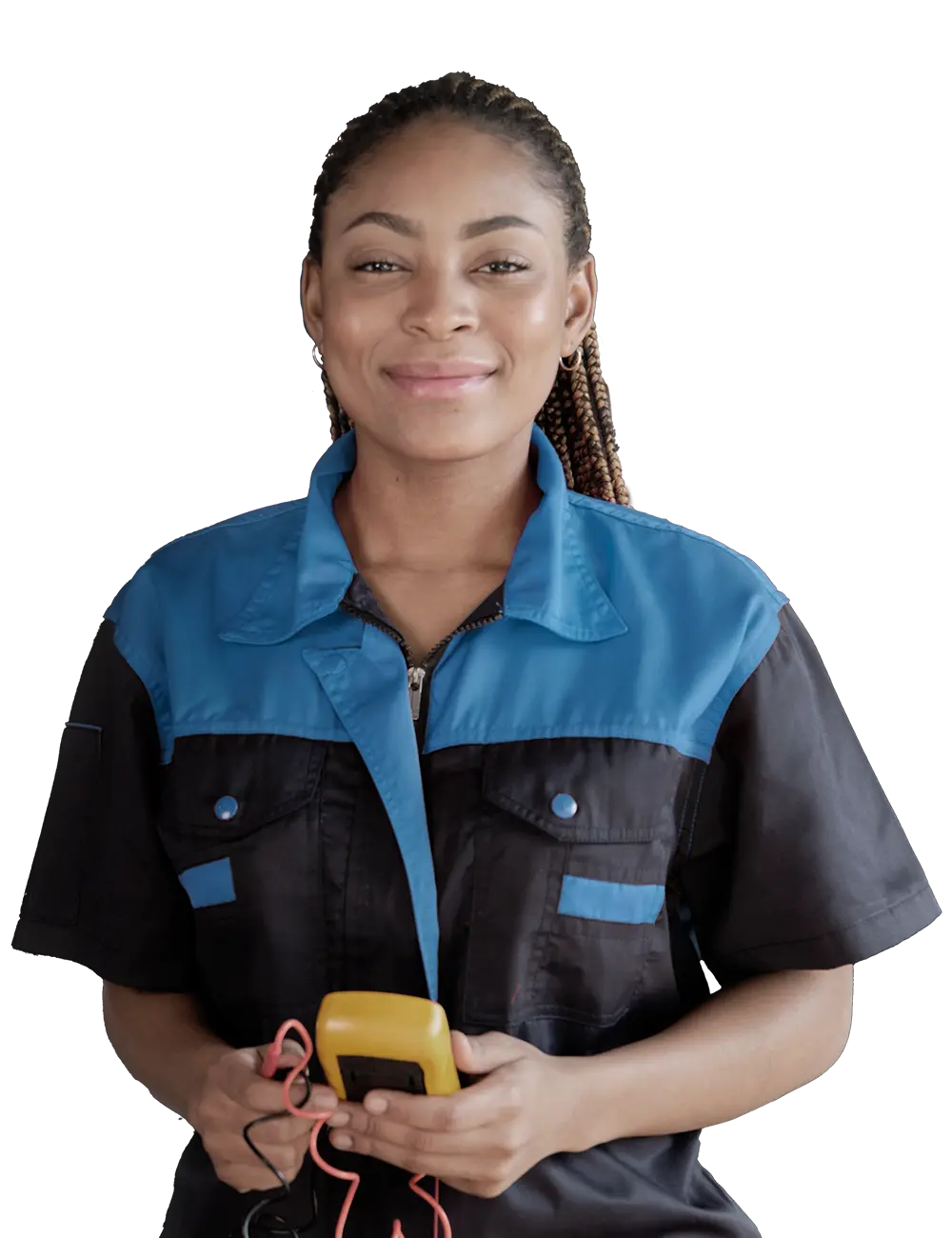 A woman wearing mechanic coveralls smiles and looks forward